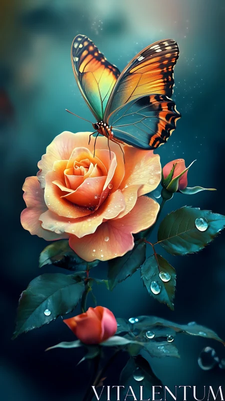 Iridescent butterfly poised on dewy peach rose bloom.