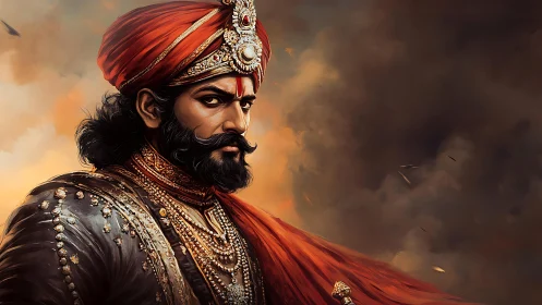 Regal warrior portrait in ornate armor and red turban.