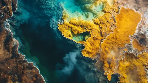 Aerial geothermal pool with sulfur terraces and mineral crusts.