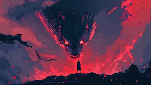 Solitary warrior confronting colossal spectral fox in flames