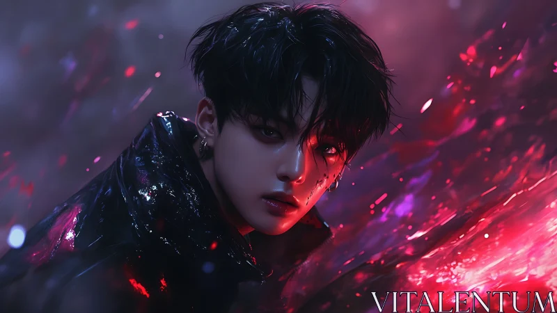 Nocturnal cyber idol in neon crimson stormlight gaze.