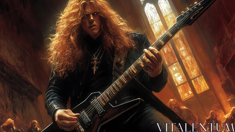 Long-haired guitarist stands in dim interior holding electric guitar