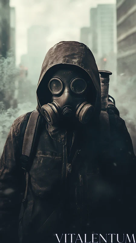Hooded figure in gas mask within foggy urban street scene.