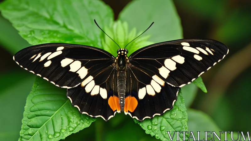 Black butterfly rests on vivid green leaves after rainfall.