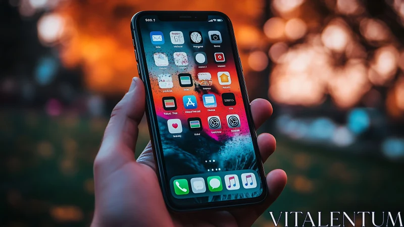 Hand holding iPhone displaying home screen with app icons.