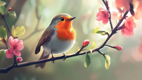 Vibrant Robin on Blossoming Branch in Soft Digital Painting Style.