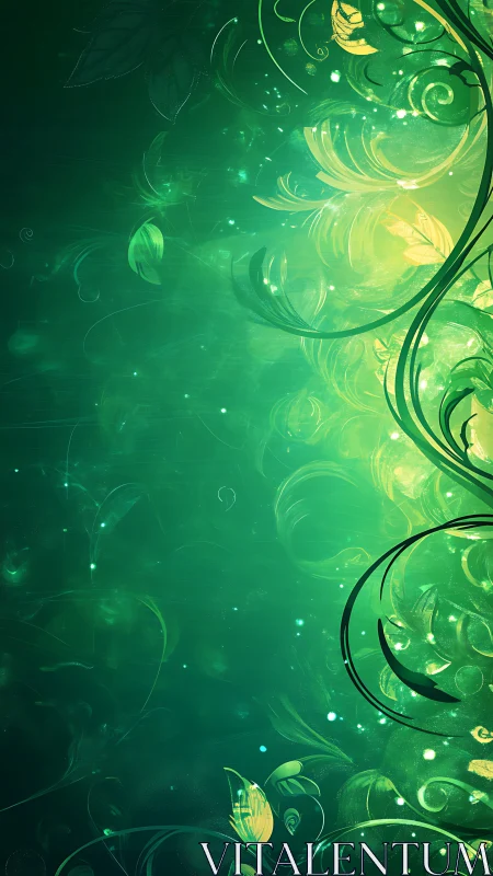Emerald floral light swirl over abstract glowing backdrop.