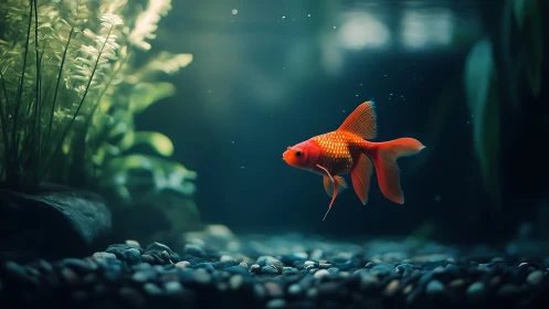 Golden goldfish glides through tranquil, softly lit aquarium.