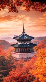 Autumn pagoda amid blazing maple forest at sunset.