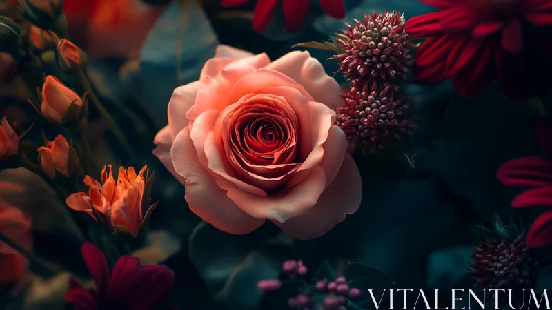 Coral Rose in Bloom Against Deep Garden Shadows.