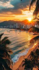 Urban coastline and palm-lined beach under sunset sky.