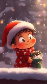 Child in Santa hat cuddling cat in softly lit winter snow