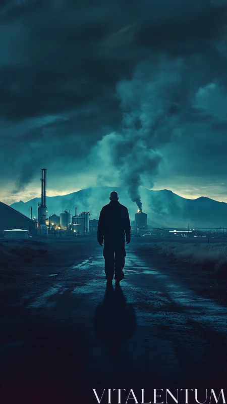 Lone figure on road facing smoking industrial refinery at dusk.
