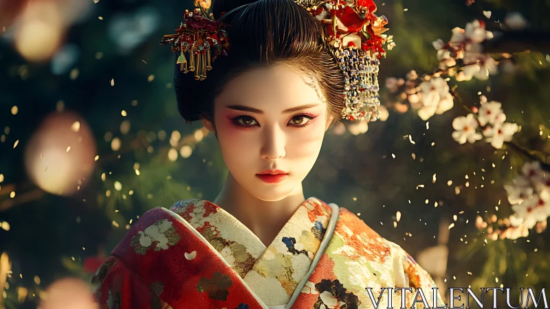 Soft spring light falls on a poised woman in floral kimono