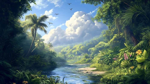 Lush tropical river valley under sculpted cumulus clouds.