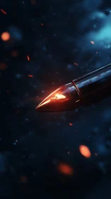 Close-up view of glowing bullet in motion against dark field.