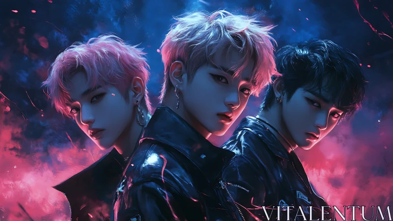 Neon lit trio of stylish rebels shares a bold electric gaze