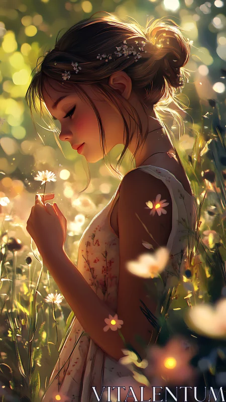 Young woman holds daisy in backlit field digital illustration