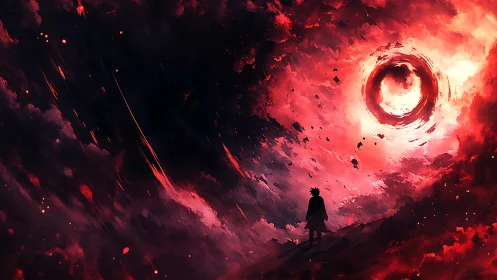 Lone figure under swirling red void in stormy sky.