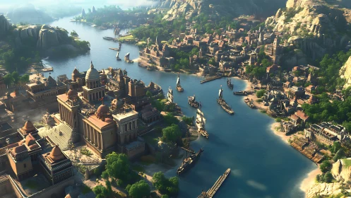 Ancient river metropolis with monumental harbor architecture.