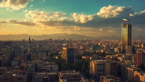 Golden hour skyline captures Tehran beneath glowing clouds