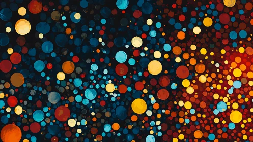Multicolored circular dots form dense abstract pattern field