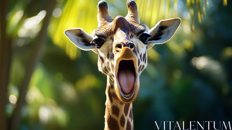 Giraffe yawns under tropical light with lush blurred bokeh.