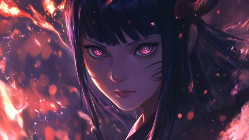 Intense anime girl portrait with glowing pink eyes.