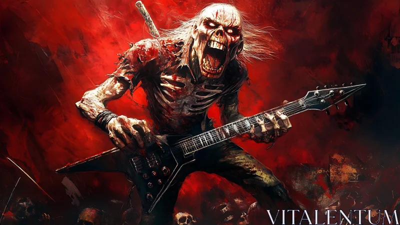 Undead metal guitarist shredding in infernal red storm.