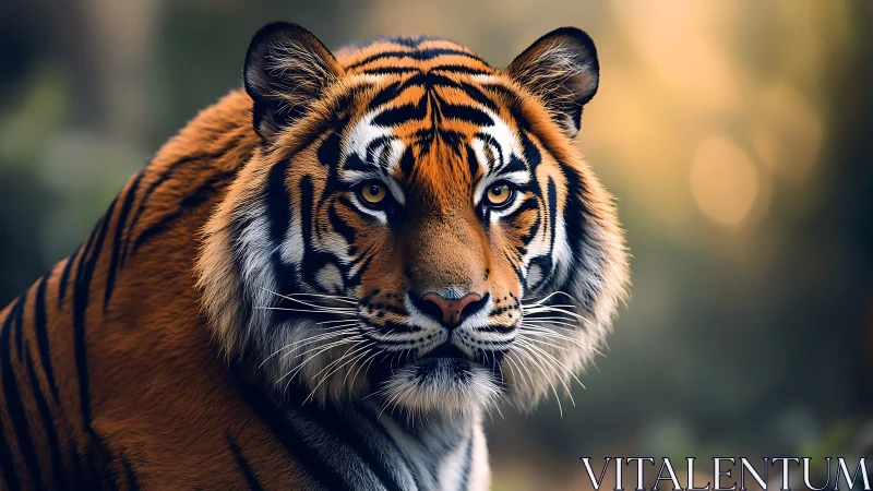 High-resolution frontal portrait of a Bengal tiger in bokeh forest.
