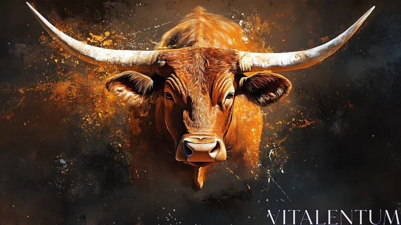 Fiery longhorn spirit charges forward through splattered dusk