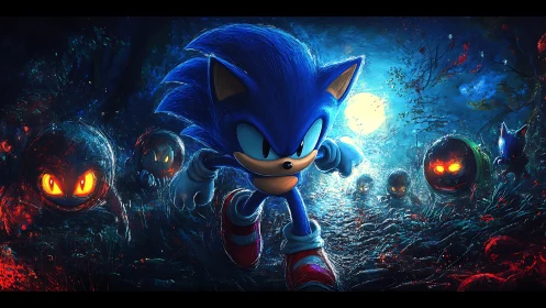 Sonic dashes through a glowing spooky forest nightscape.