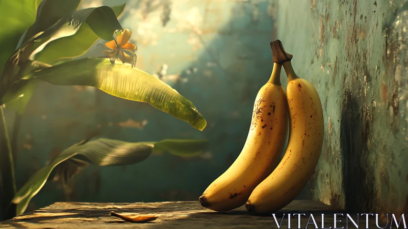 Photorealistic bananas in warm rim light against patinated wall