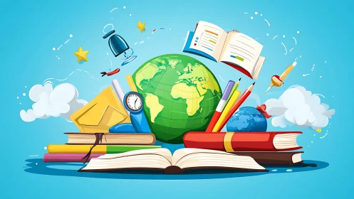 Didactic globe cluster with dynamically orbiting study tools.