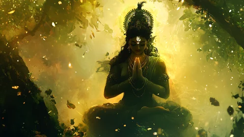 Divine figure meditates in glowing forest sanctuary of light