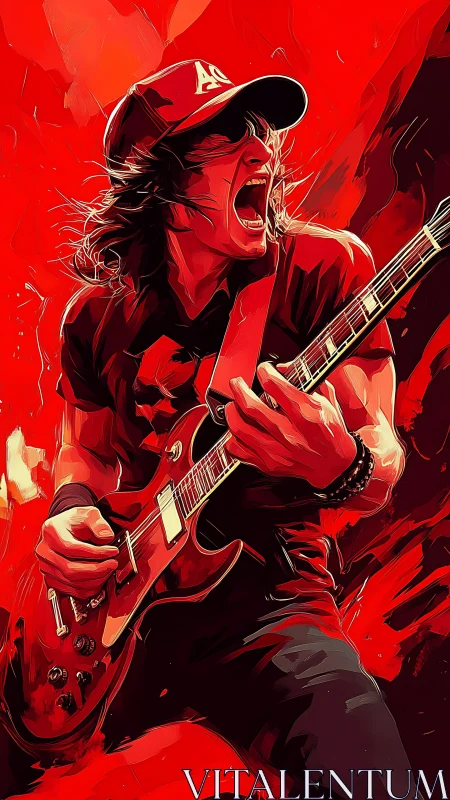 Red storm guitarist shredding through electric fury.