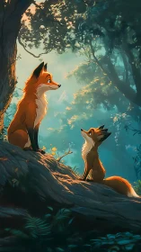Two stylized foxes sit on a forest slope under diffuse light