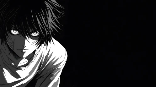 Brooding monochrome anime boy in stark side lighting.