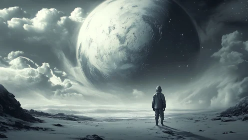 Solitary figure stands on icy alien plain under massive planet