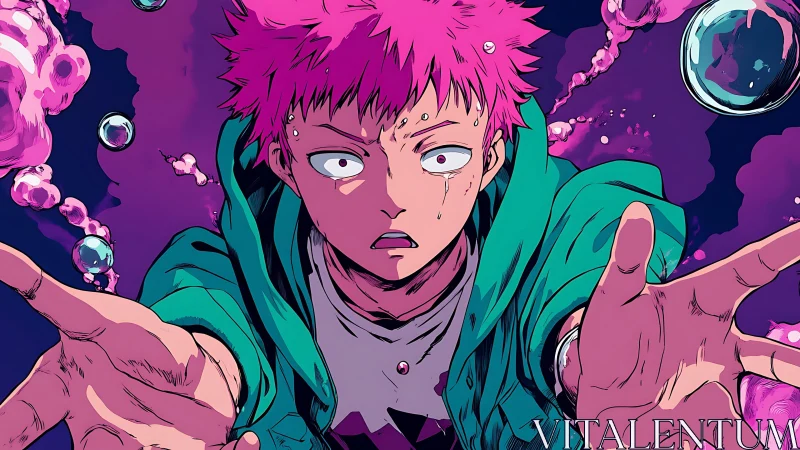 Pink haired character extends both hands toward viewer