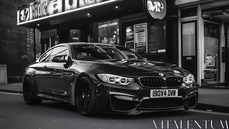Black BMW coupe stands parked under bright city storefront lights