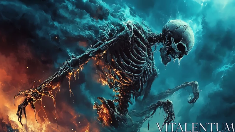 Skeletal humanoid form in mixed fiery and blue vapor field.