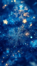 Macro view isolates crystalline snowflakes in blue bokeh field