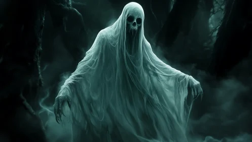 Ghostly forest spirit drifts through mist with eerie calm