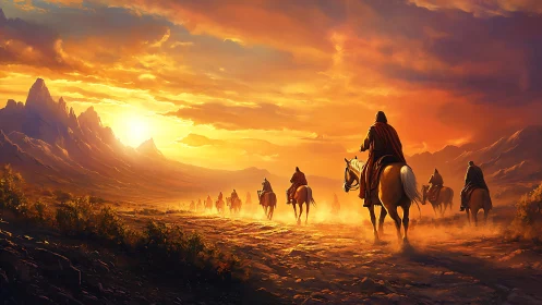 Sunlit riders journey toward glowing mountains at dusk.