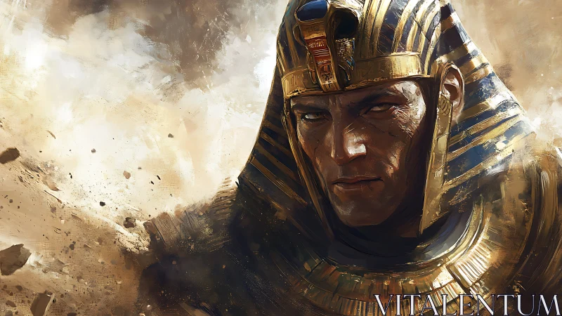 Egyptian pharaoh warrior stares through swirling desert storm