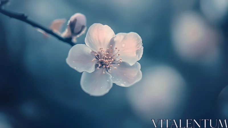 White blossom with five petals on branch against blurred background