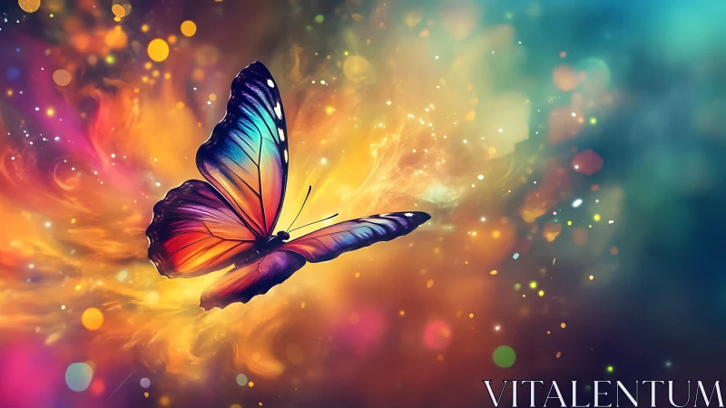 Iridescent butterfly drifting through swirling cosmic firestorm.