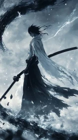 Stormbound swordsman commands swirling monochrome waves.