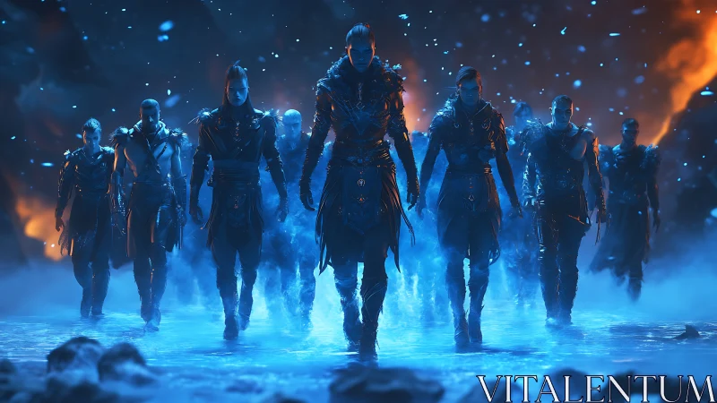 Armored figures advancing through mist under blue orange light.